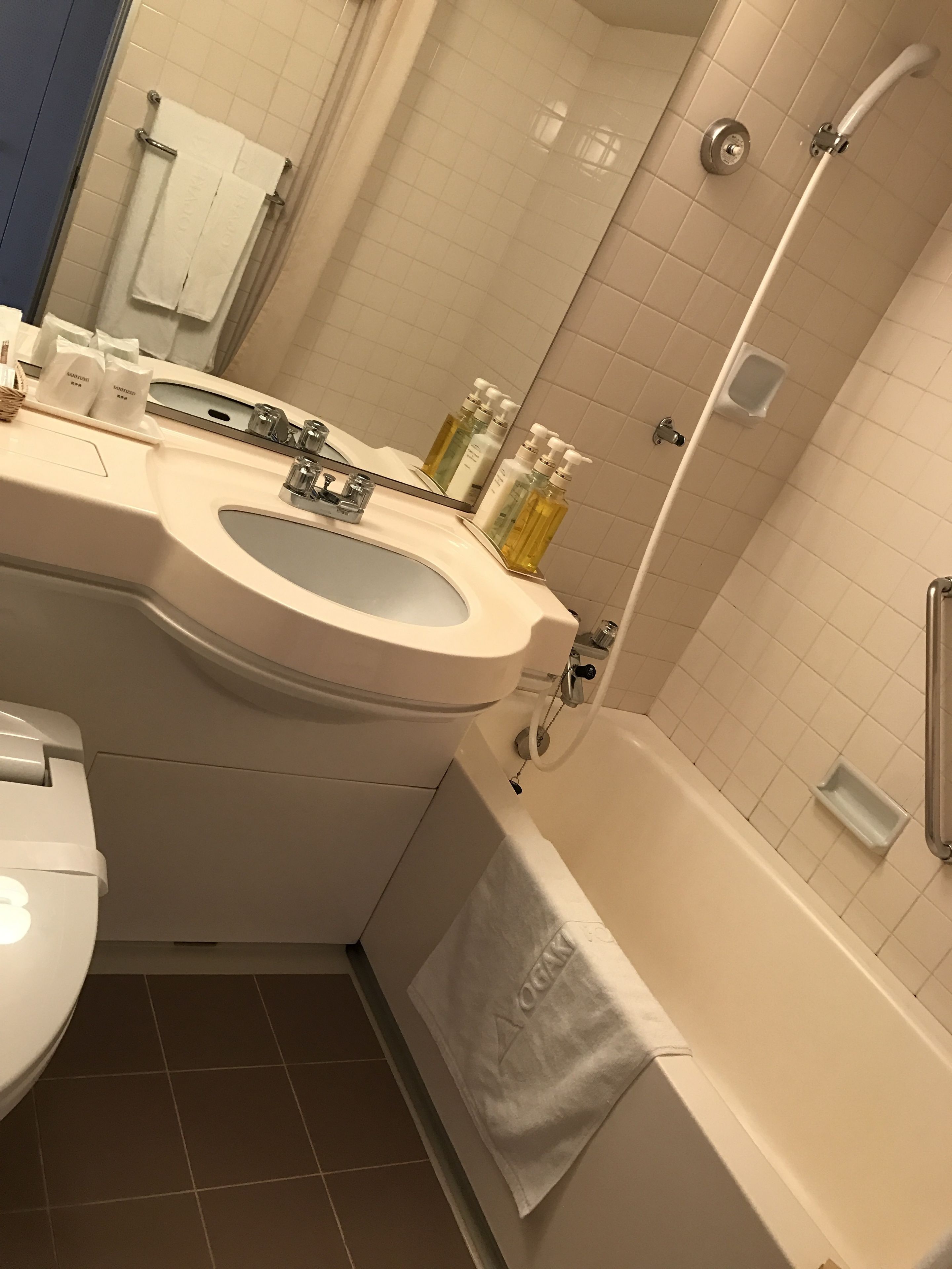 combined shower/bathtub, deep-soaking bathtub, hair dryer, slippers