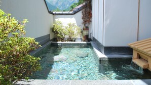 Una tranquila fuente de agua interior con agua cristalina, rodeada de piedra y plantas, y vistas a montañas a través de un tragaluz.