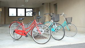 Bicycles parked in an indoor space with windows and a plain wall.