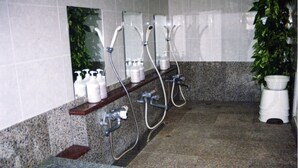 A bathroom with a granite countertop, a shower area, and a shelf with toiletries. - Seaside Resort Pension Surfrider (Nishiizu)