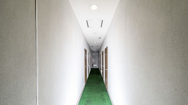 A narrow hallway with green carpet, white walls, and doors on both sides.