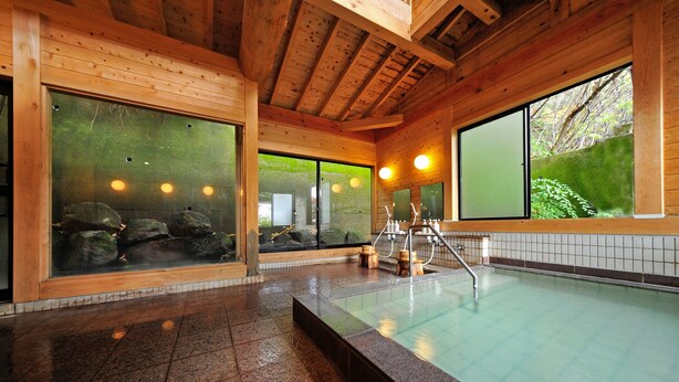 A traditional Japanese onsen with wooden interiors, a stone bath, and a view of greenery outside. - Nisshinkan (Kusatsu)