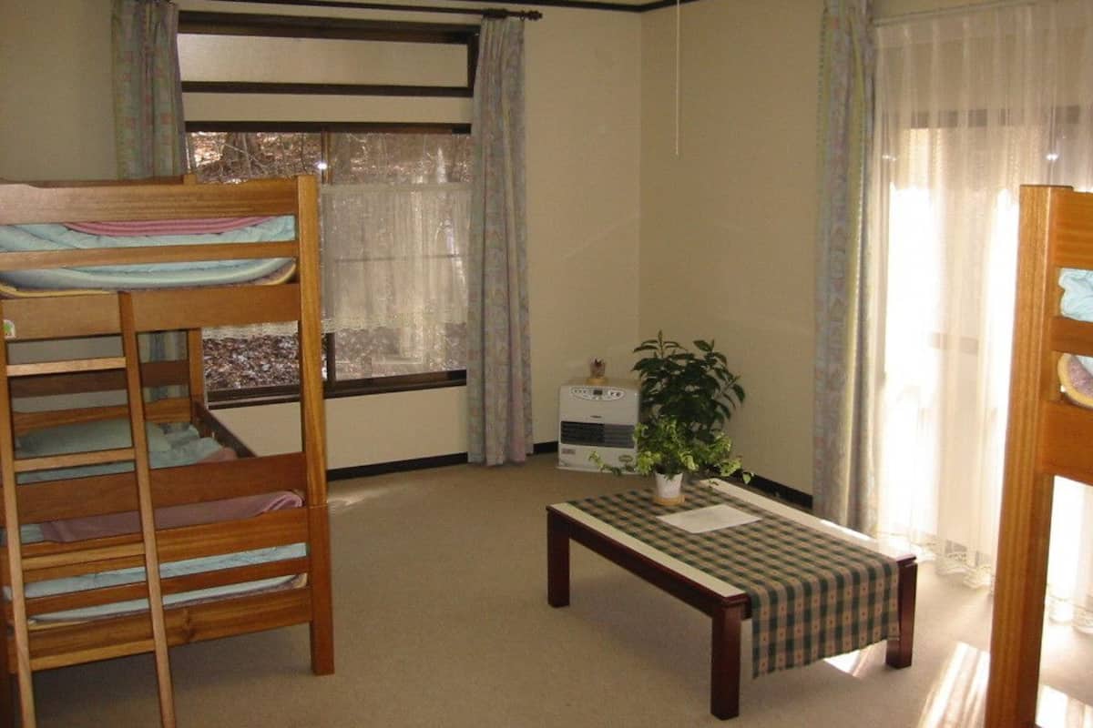A room with a bunk bed, a small table with a checkered tablecloth, a potted plant, and a heater.