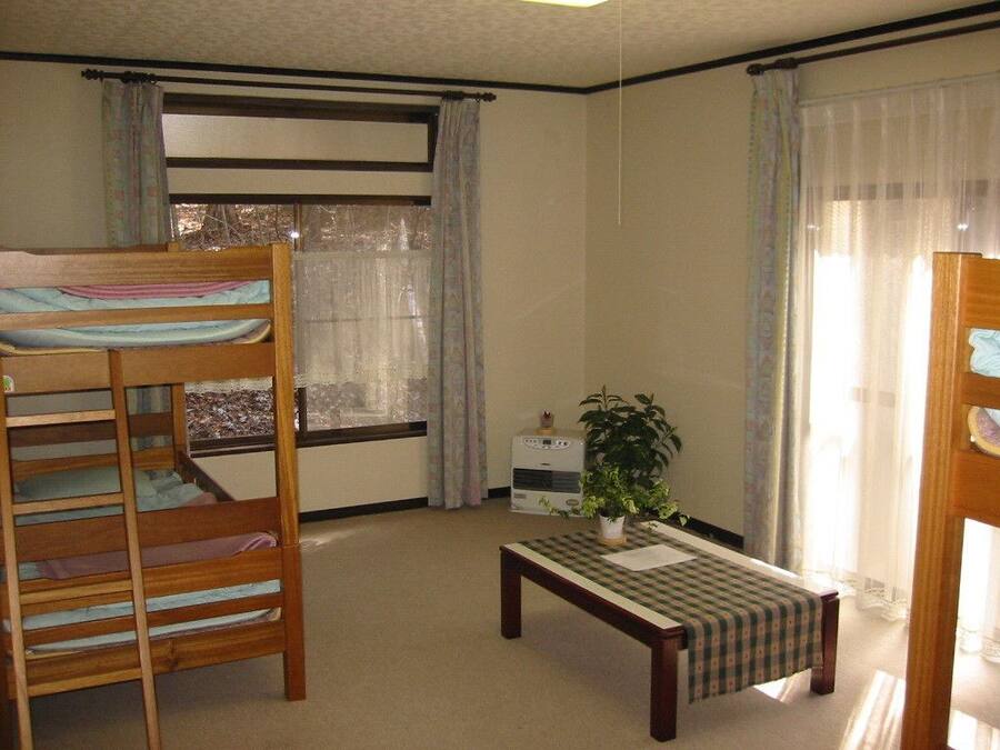 Una habitación con una cama litera, una mesita con mantel a cuadros, una planta en maceta y un calentador.