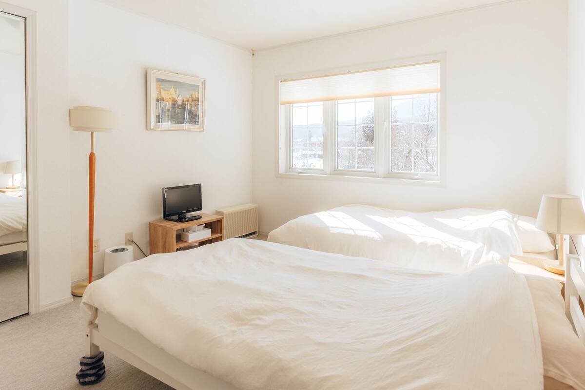 Une chambre d’hôtel avec deux lits, une télévision, un miroir, une fenêtre donnant sur un beau paysage et un tableau au mur.