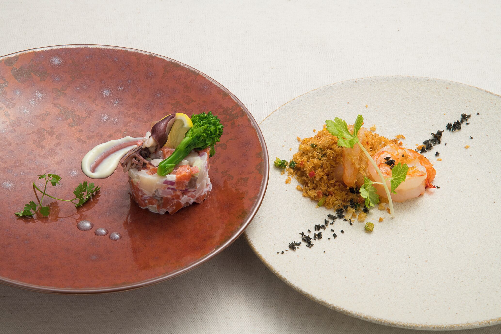 Two plates of food with different presentations.