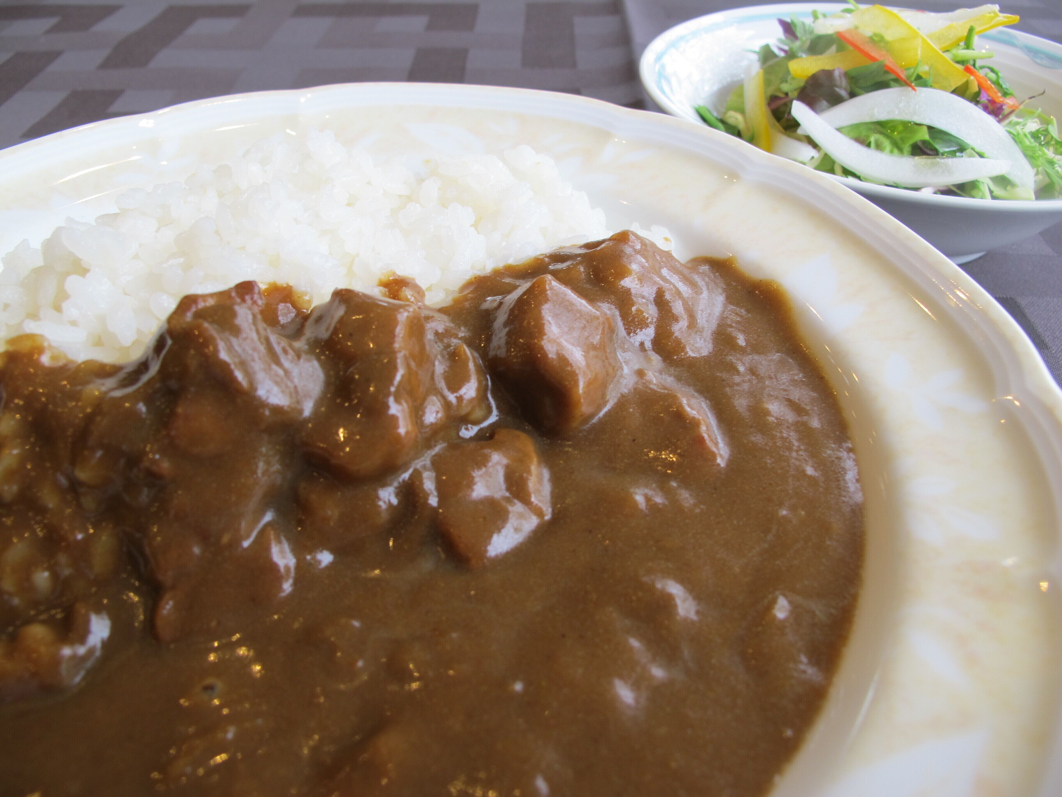 Lautasella on riisiä ja ruskeaa kastiketta, mahdollisesti currykastiketta, ja sen vieressä on kulho salaattia.