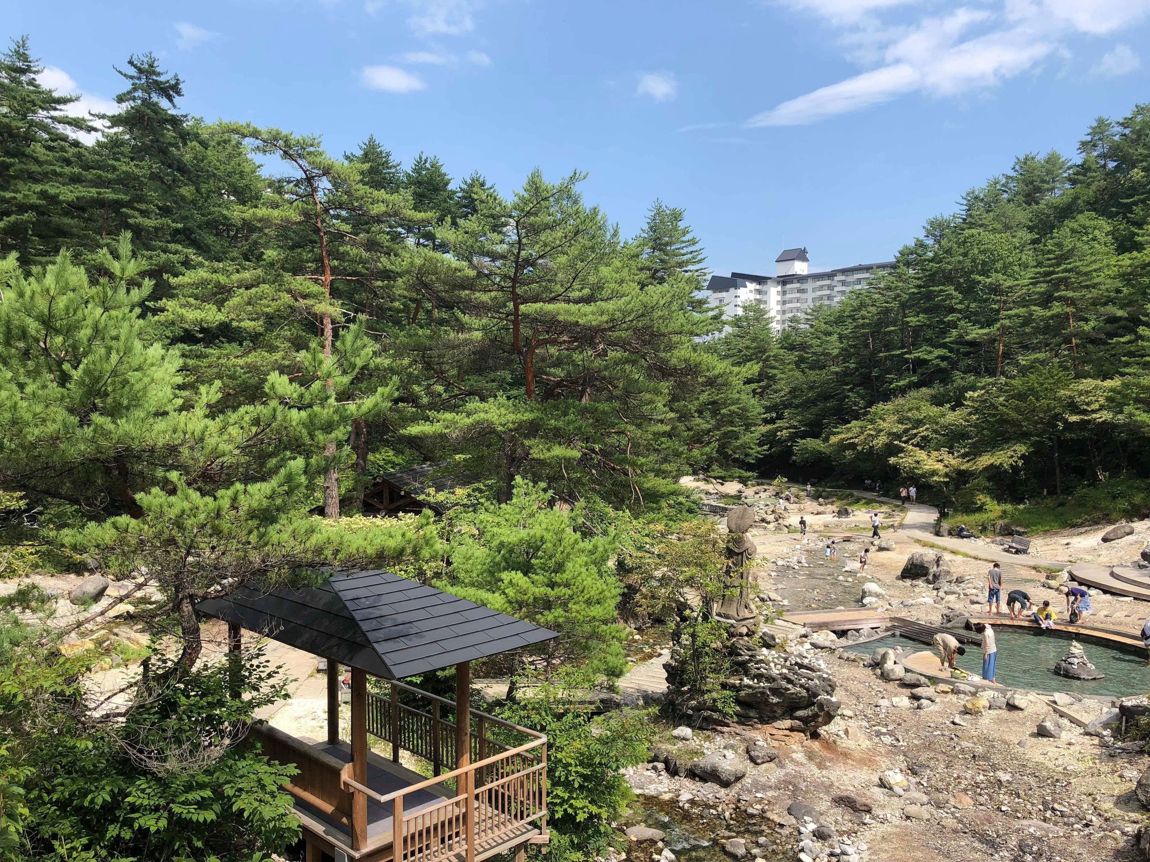 A natural setting with a wooden gazebo, a rocky area with a pool, and dense forest.