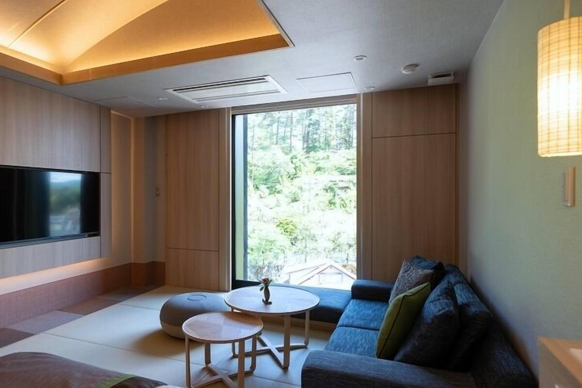 A modern living room with a flat-screen TV, a sofa, a coffee table, and a view of greenery outside.