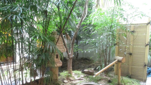 Un jardín con un comedero de pájaros de piedra, un elemento decorativo japonés de agua y estatuas de piedra.