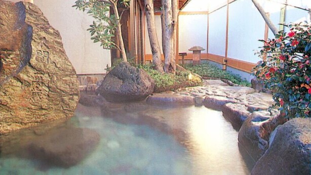 A serene indoor garden with a clear water feature, rocks, and plants. - Saneatsu No Yado Izumiso (Shizuoka)