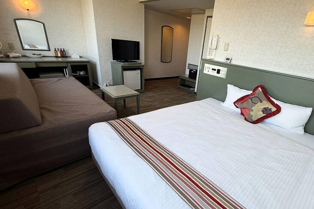 A hotel room with a bed, a sofa, a desk with a TV, a mirror, and a phone.