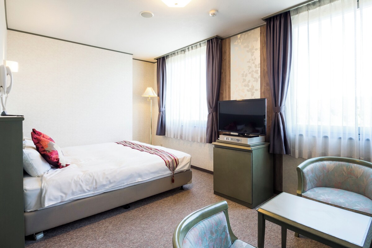A hotel room with a bed, a television, a desk, a chair, and curtains.