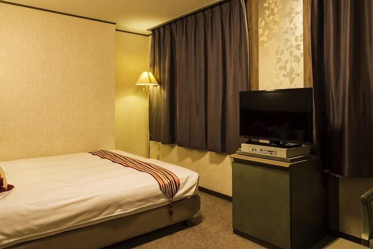 A hotel room with a bed, a television on a stand, a lamp, and curtains.