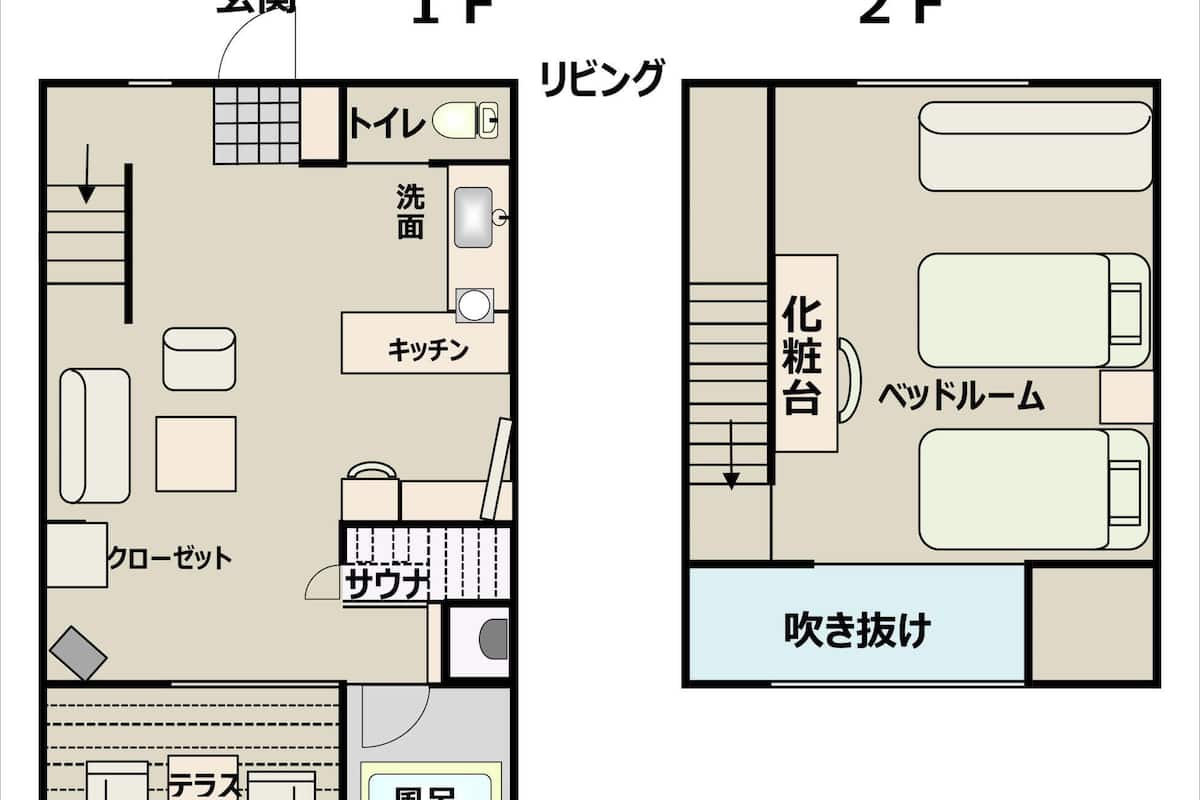 Floor plans of two hotel rooms, each with a bathroom, kitchenette, and a bed.