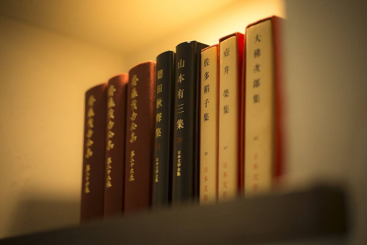 Vários livros dispostos numa estante.