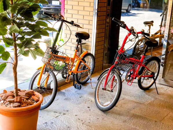 Deux vélos sont garés devant un immeuble, et un pot de fleurs se trouve à proximité.