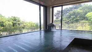 Une vaste piscine intérieure agrémentée d’une cascade, entourée de grandes fenêtres qui offrent une vue sur un jardin luxuriant.