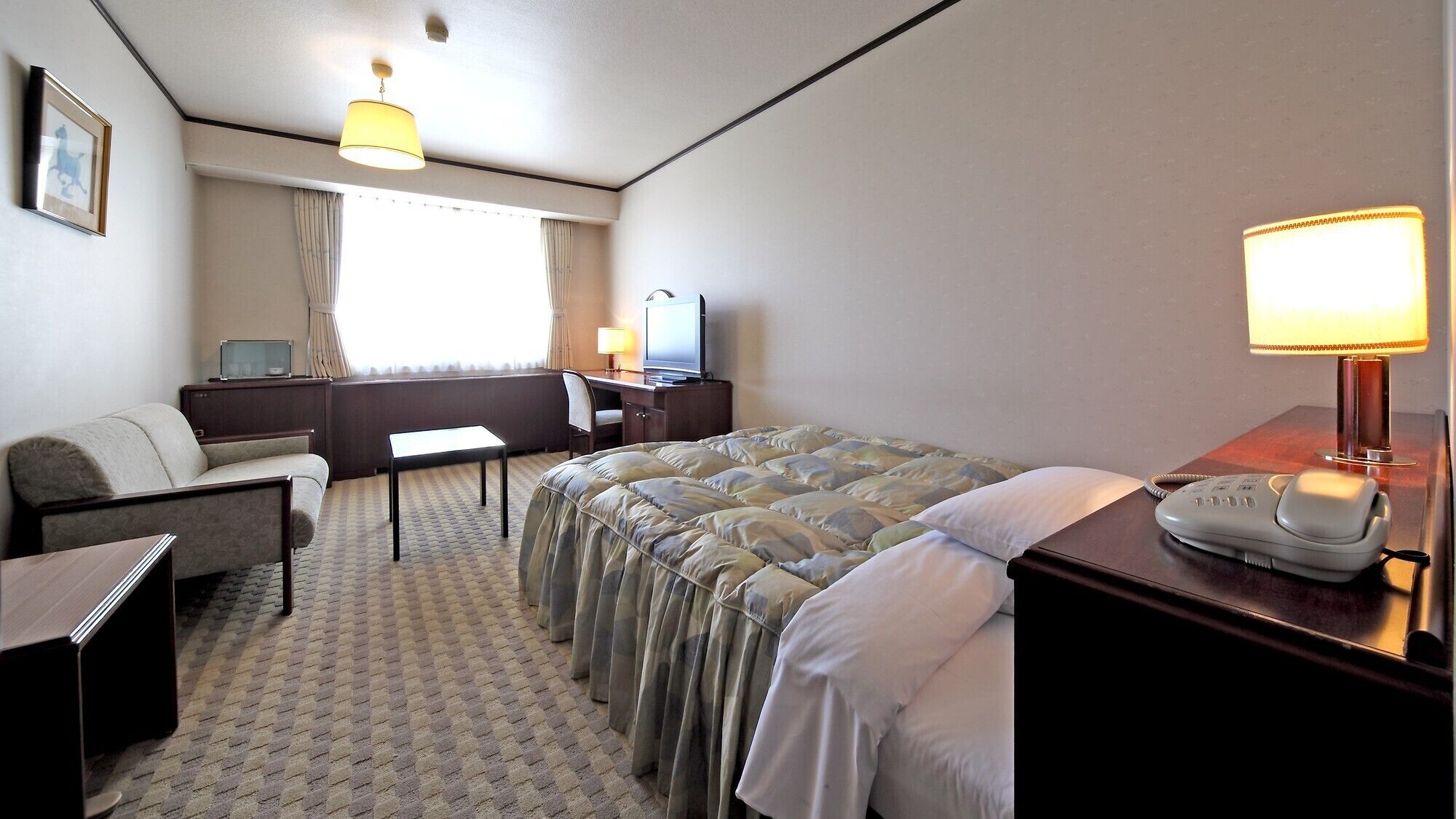 A hotel room with a bed, a desk, a chair, a television, and a telephone.