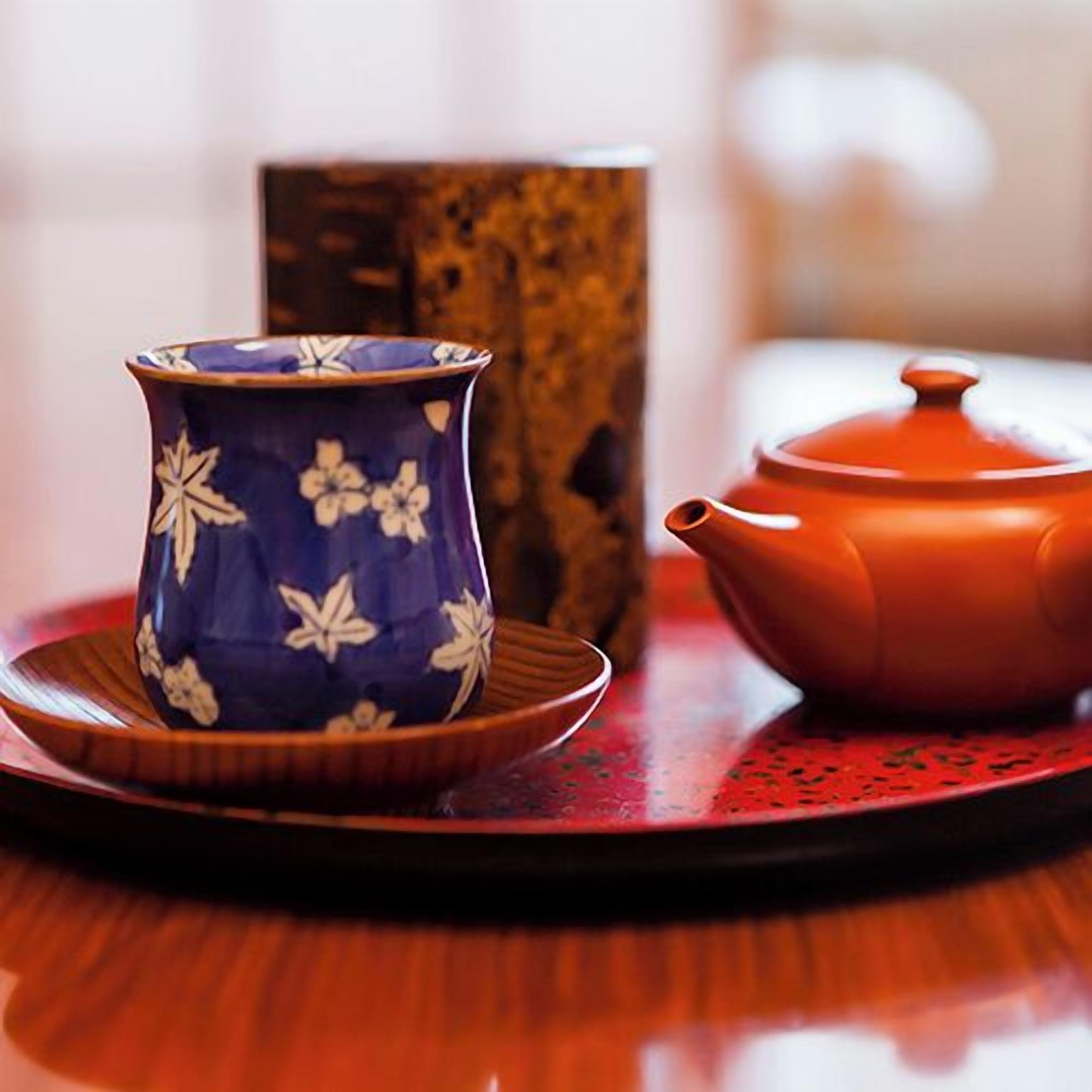A teapot and cup on a tray.