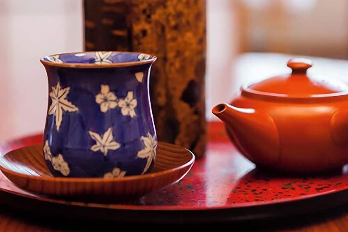 Une théière et une tasse sur un plateau.