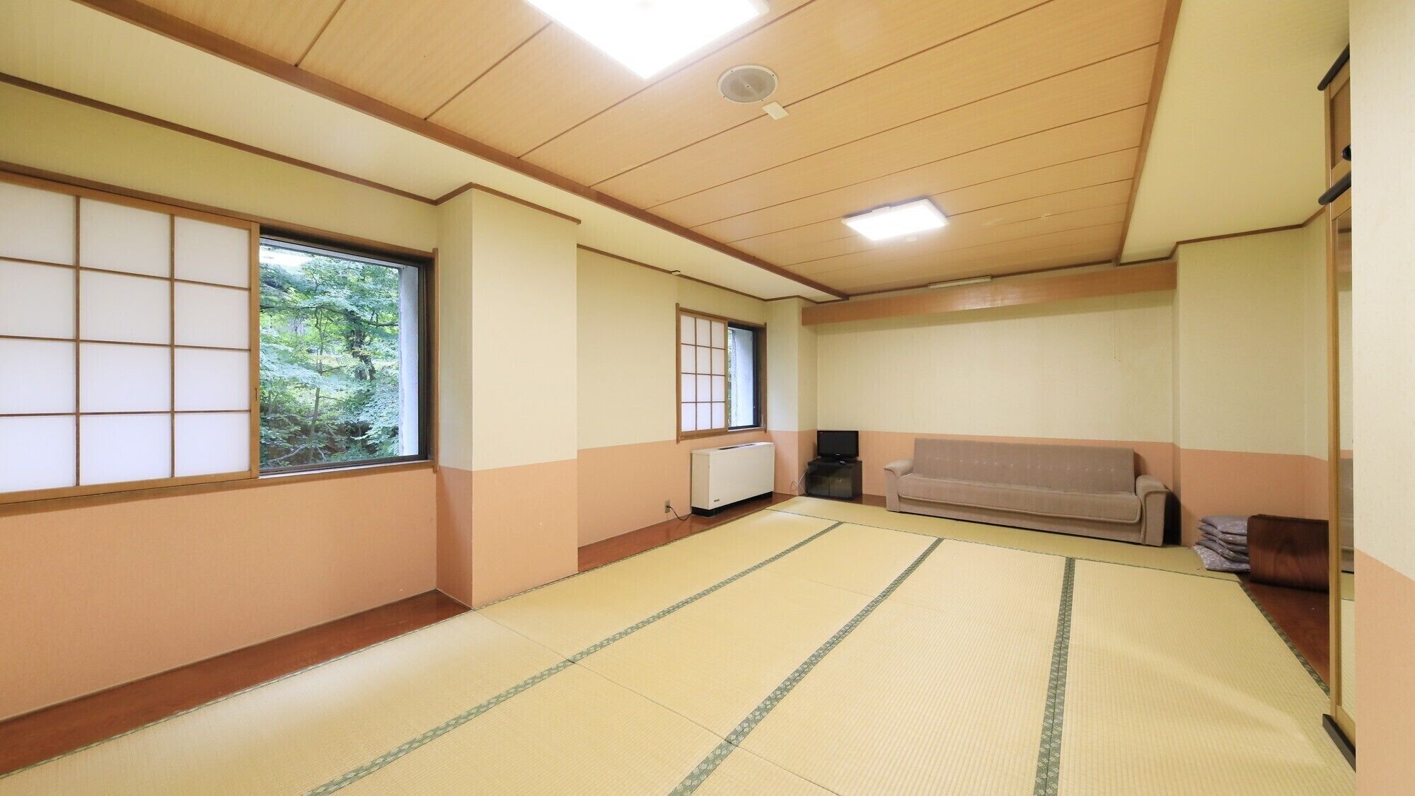 A room with tatami flooring, a sofa, a radiator, and a window with a view of greenery.