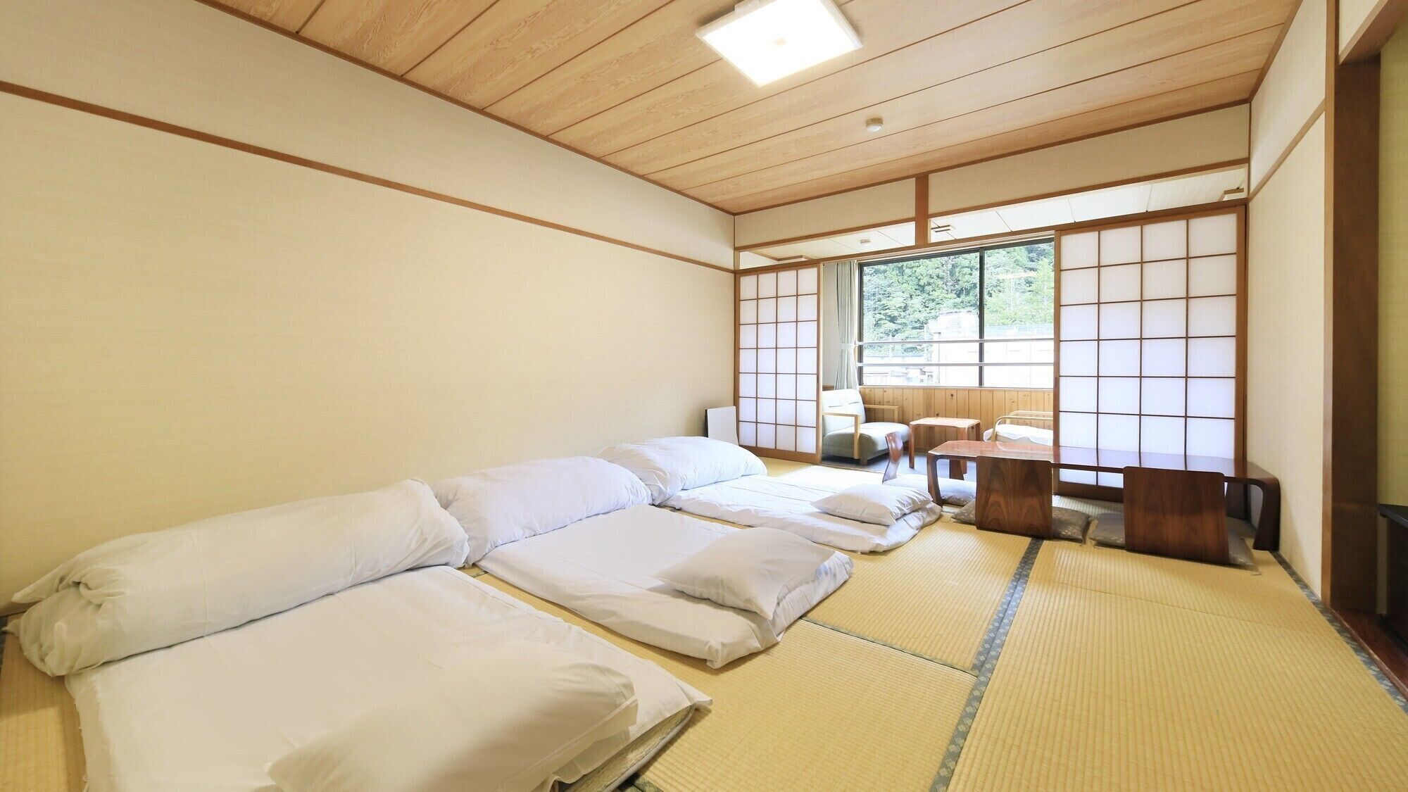 A traditional Japanese room with tatami flooring, a low wooden ceiling, and sliding shoji doors.