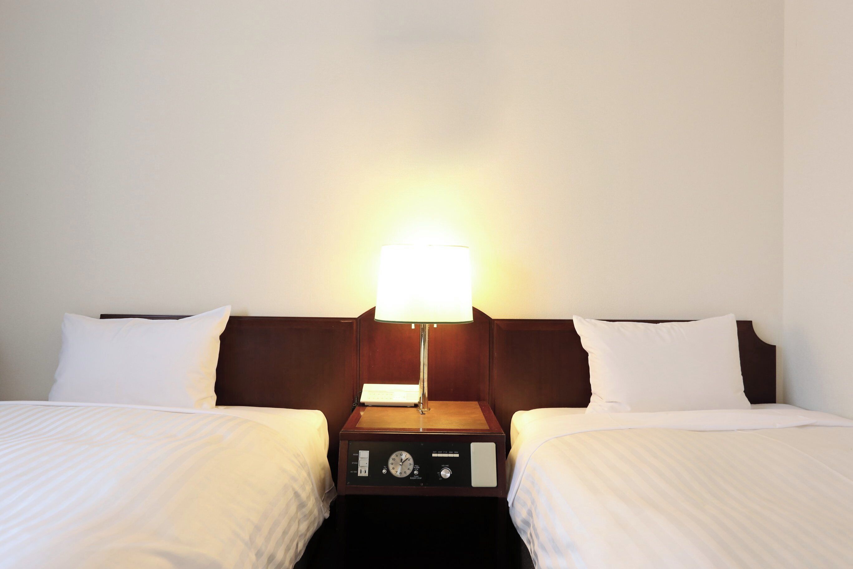 A hotel room with two beds, a nightstand with a lamp, and a control panel.