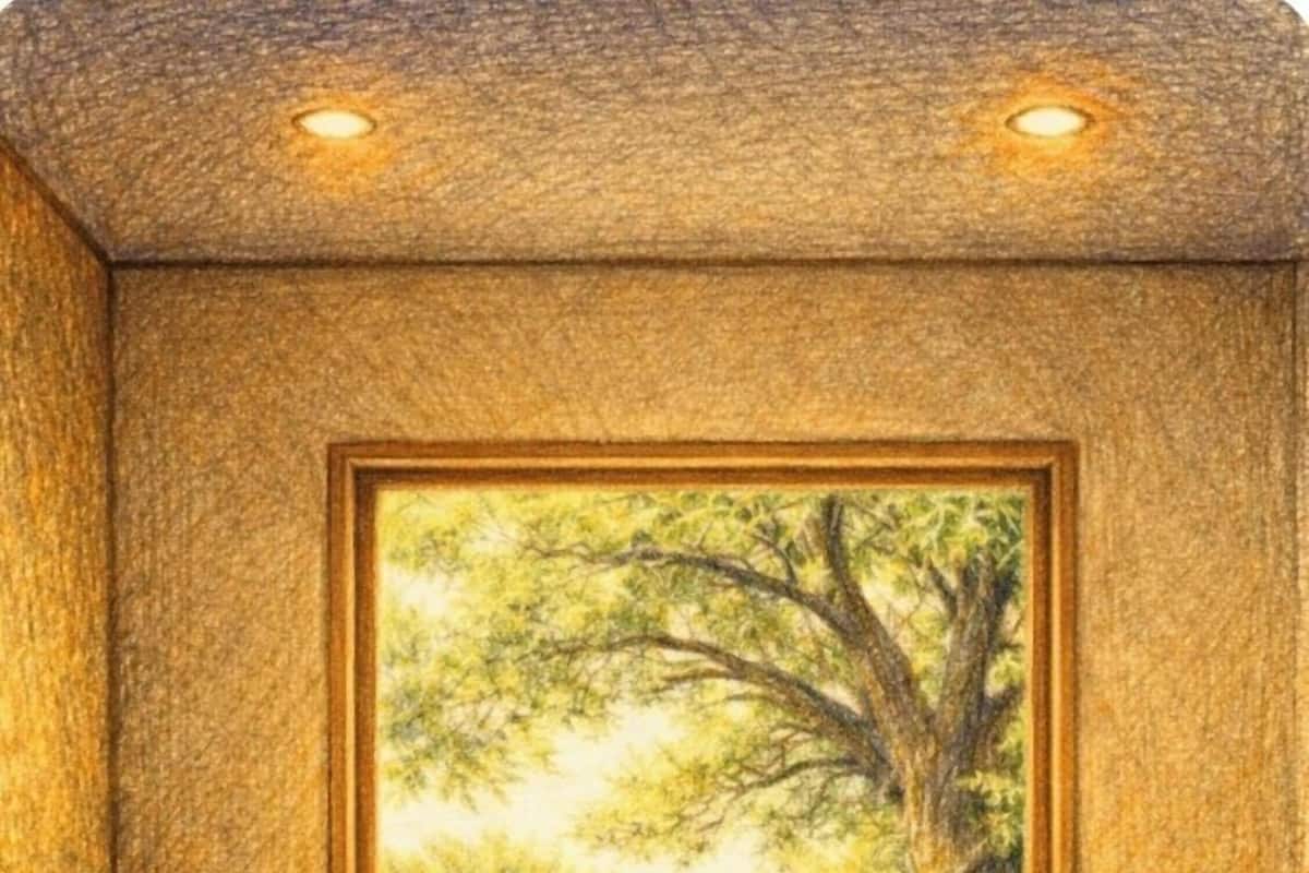 Ein Zimmer mit großem Fenster, einer gepolsterten Bank und einem gefliesten Boden.