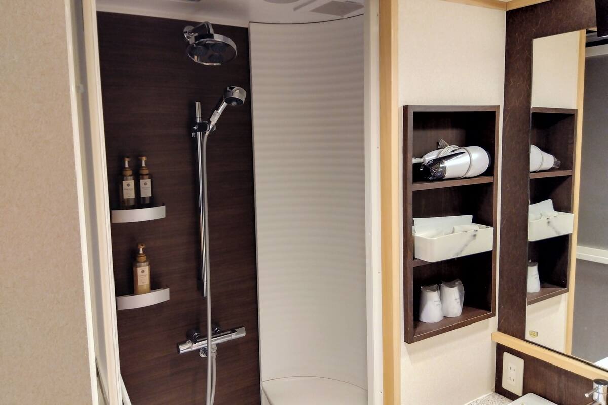Ein modernes Badezimmer mit Dusche, integrierten Ablagen und einem Spiegel.