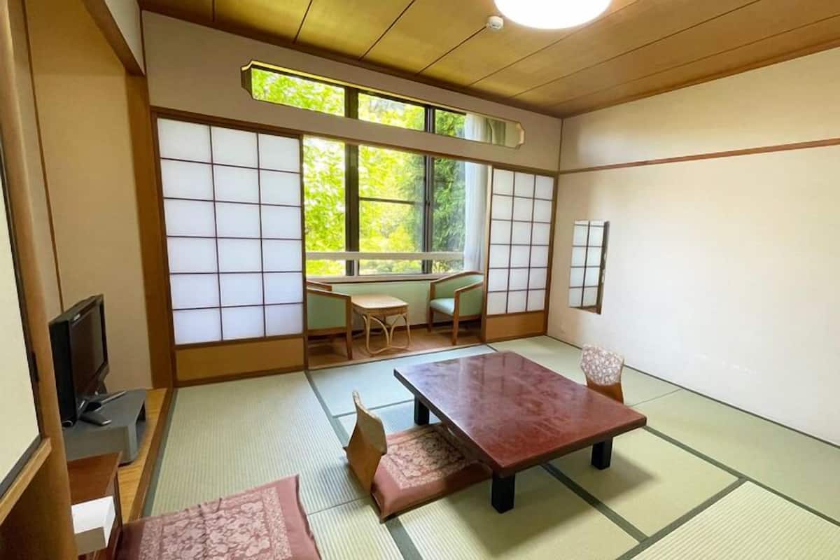 A tatami mat room with a low table, chairs, a television, and a view of greenery outside.