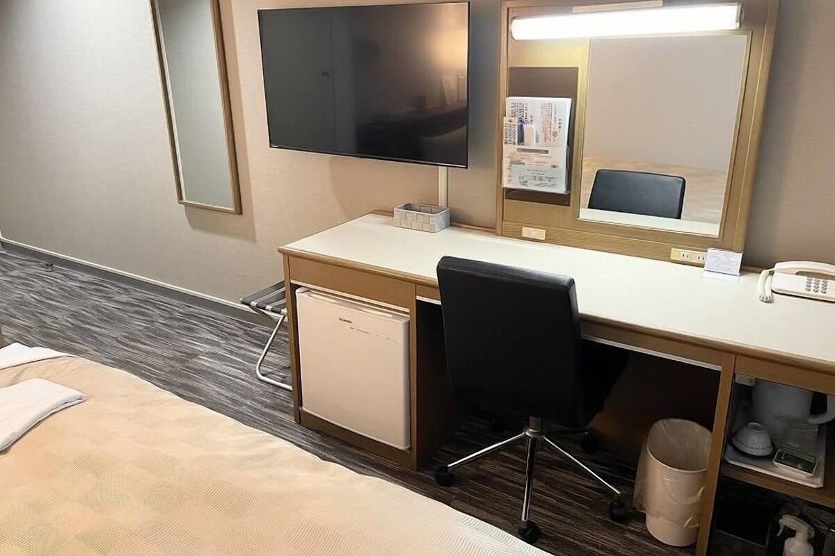 A hotel room with a bed, a desk with a chair, a television, a mirror, a telephone, and a small refrigerator.