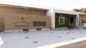 A building with a sign reading 'Sora no Eki ORCHARD' and a green wall with a mural.