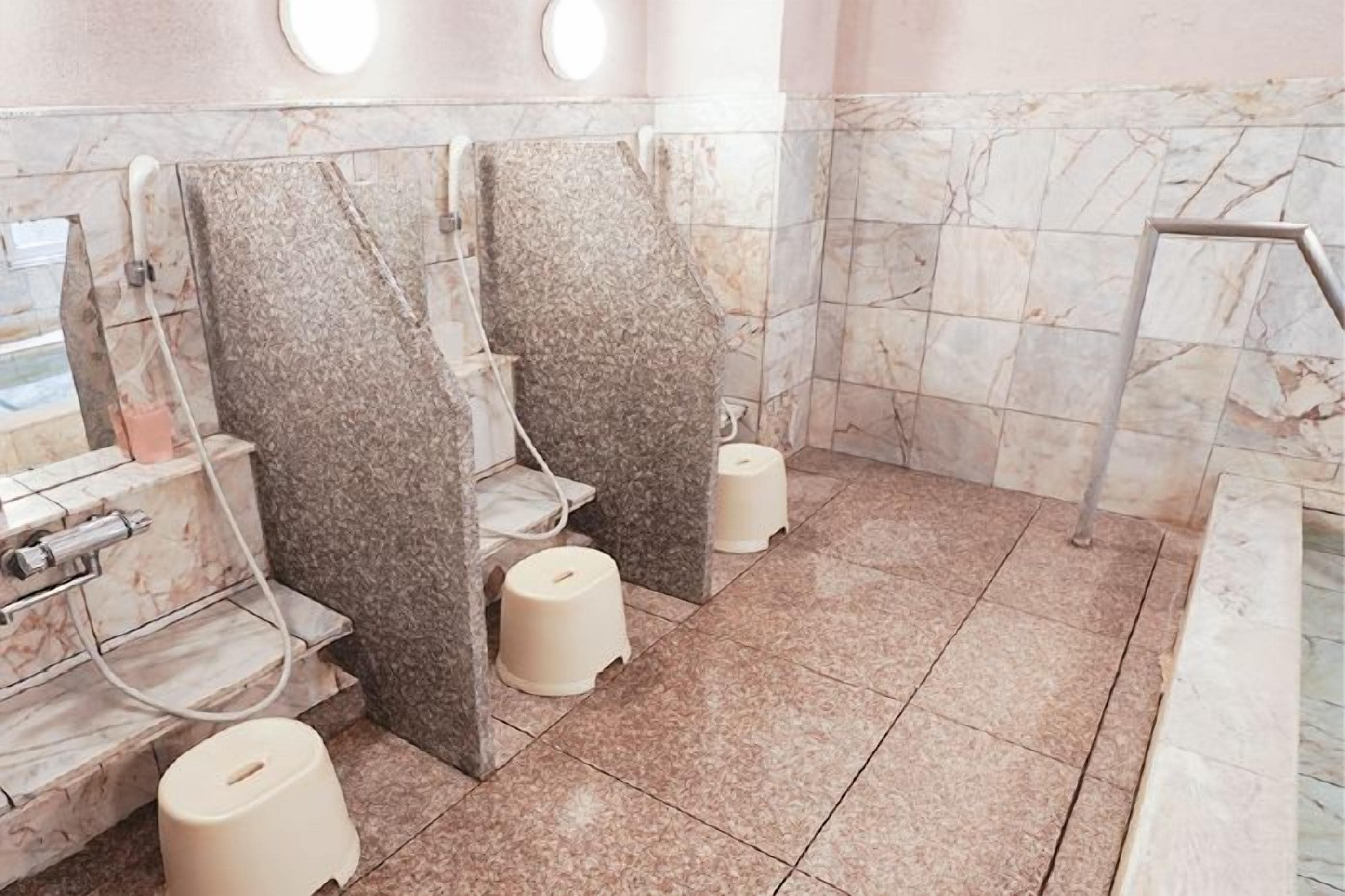 A public restroom with marble walls and floors, individual sinks, and step-up toilets.