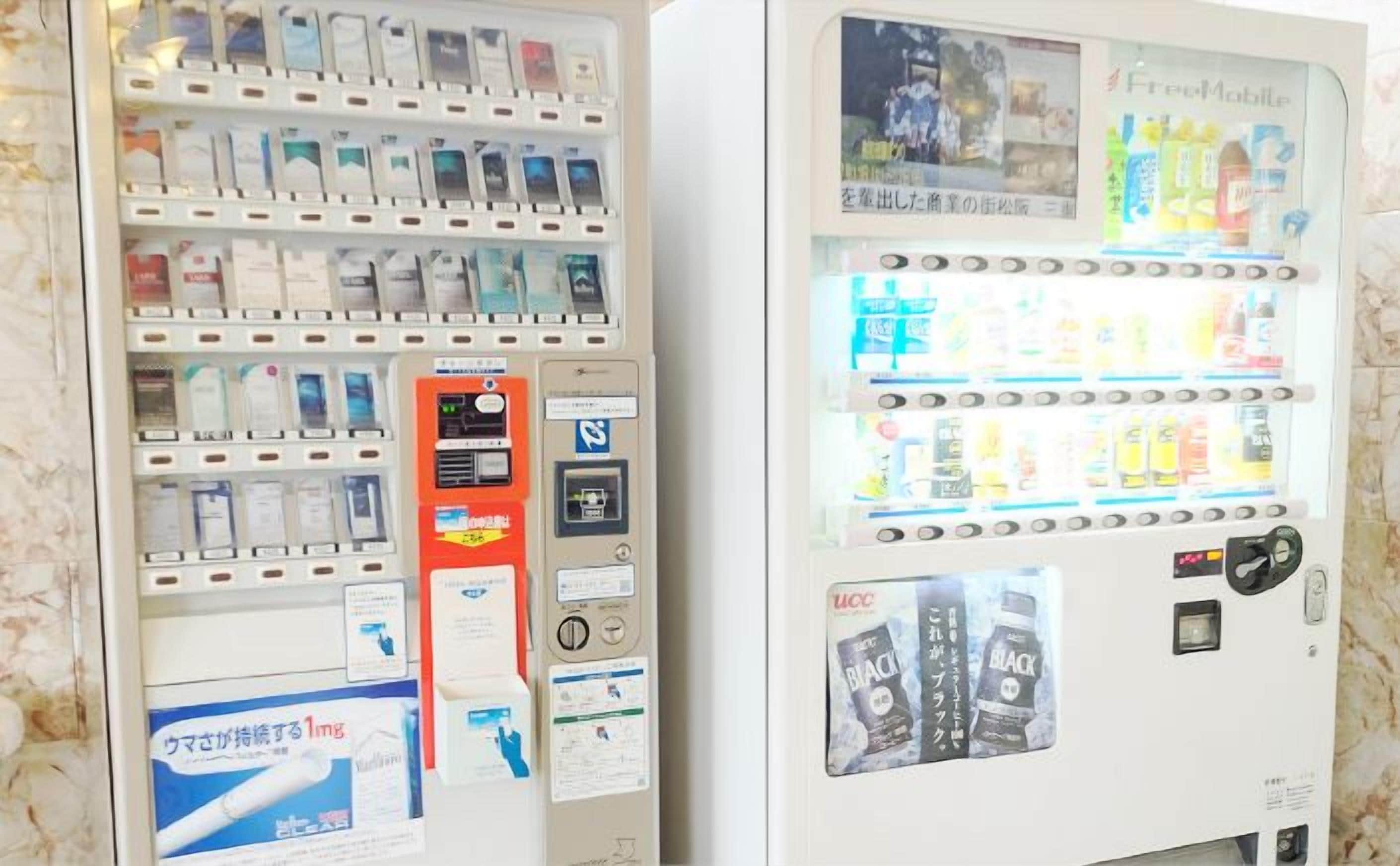 Two vending machines with various products.