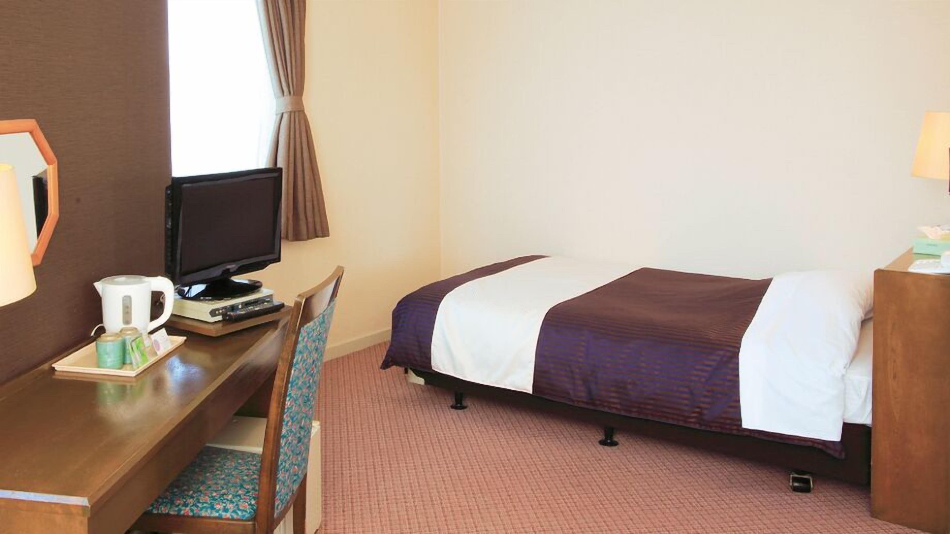 A hotel room with a bed, a desk with a television, a chair, and a bedside table.