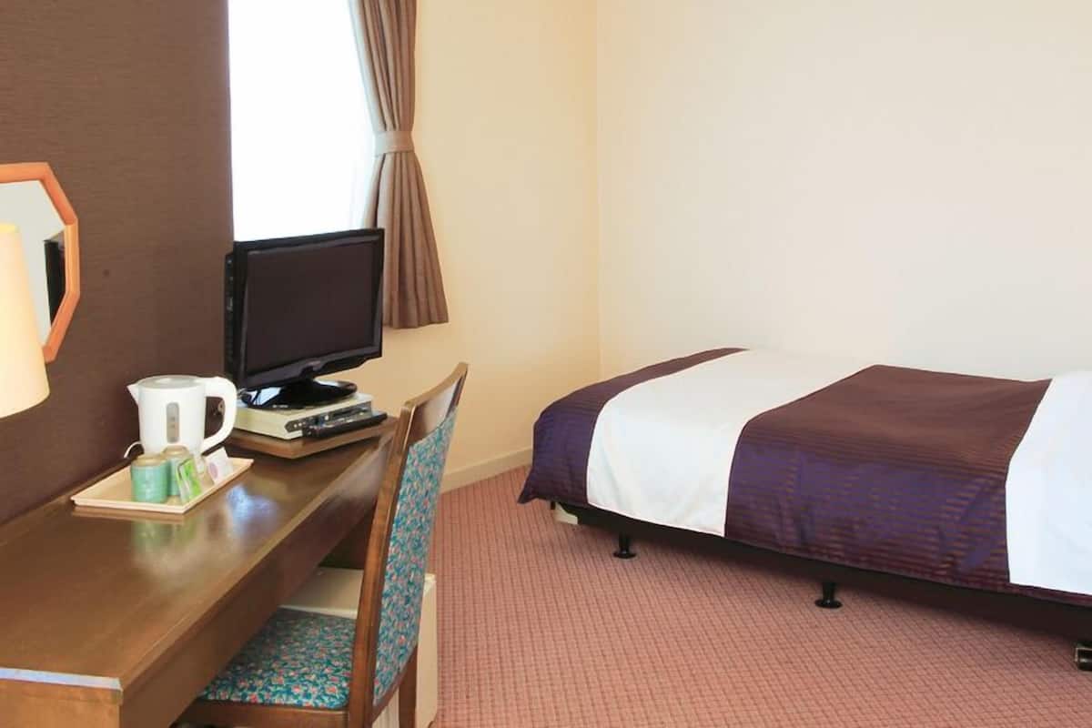 A hotel room with a bed, a desk with a television, a chair, and a bedside table.