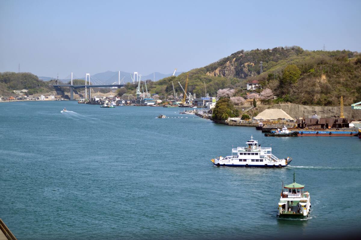 A river with boats, a bridge, and industrial buildings.