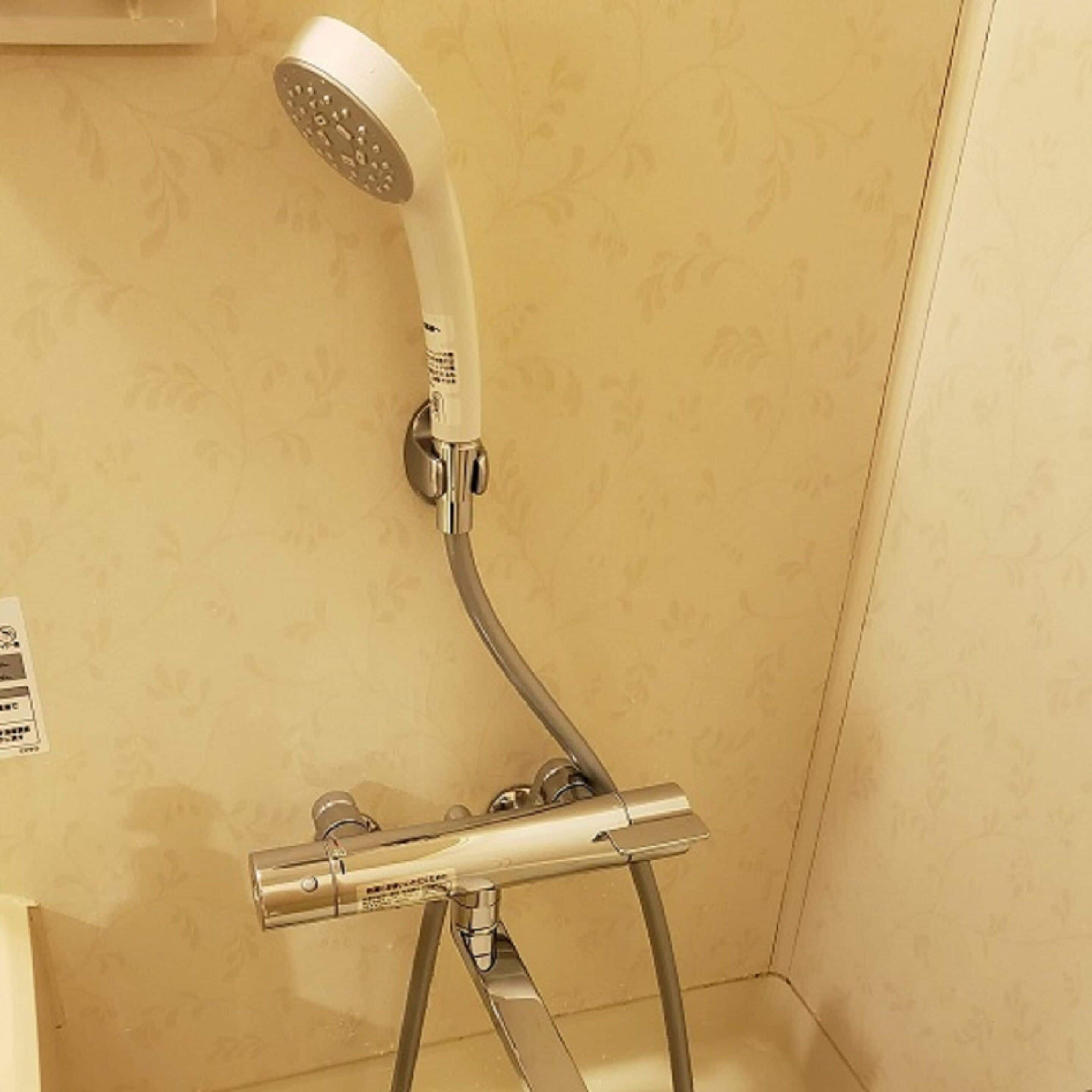 A corner shower with a curved showerhead and a handheld shower attachment.