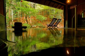 A room with a reflective floor, two chairs, a table, and a view of a forest through a large window.
