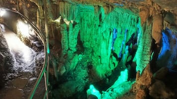 A cave with green and blue illuminated stalactites.