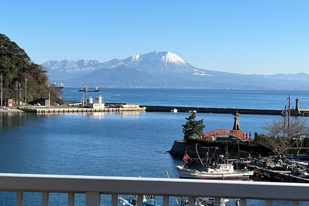 A harbor with boats, a lighthouse, and a mountain in the background.