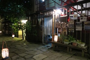 Façana frontal de l'allotjament (vespre/nit)