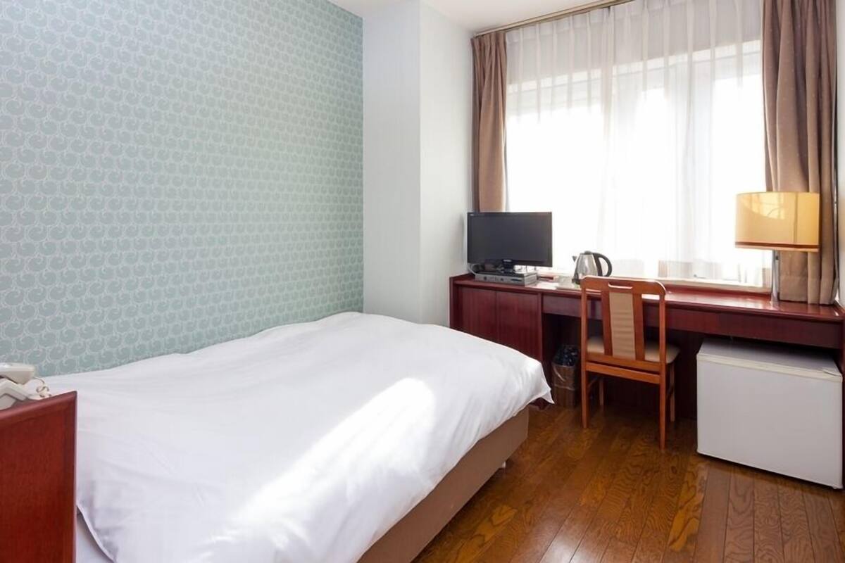 A hotel room with a bed, desk, chair, TV, and a telephone.