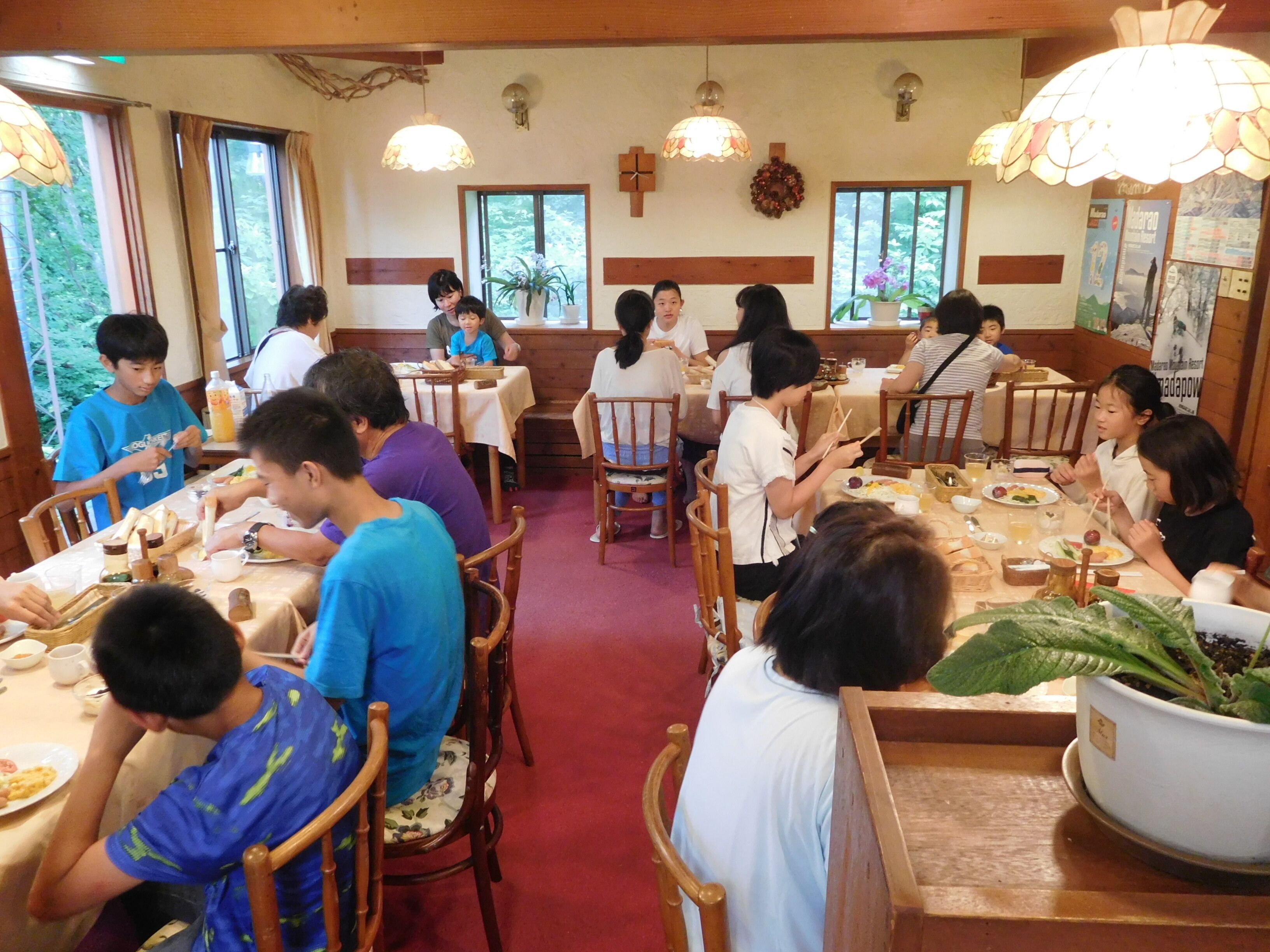 Comedor con mesas y sillas de madera, plantas en macetas y lámparas colgantes.