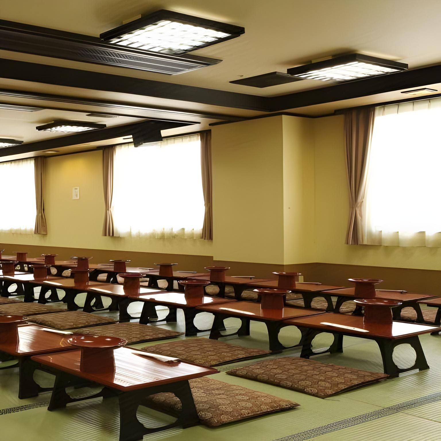 A conference room with multiple tables and chairs, large windows with curtains, and a ceiling with recessed lighting.