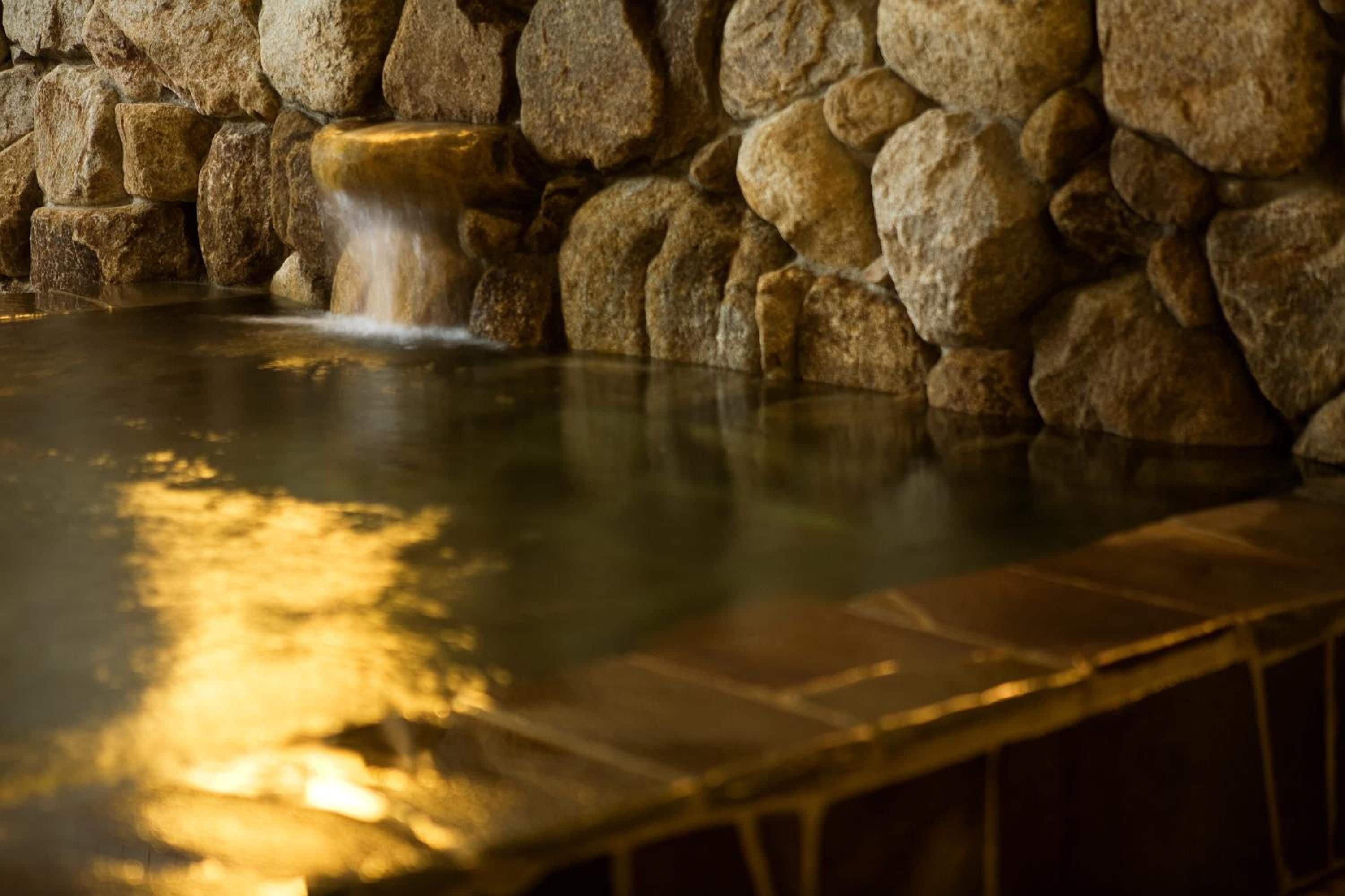A stone wall with a water feature in the foreground.