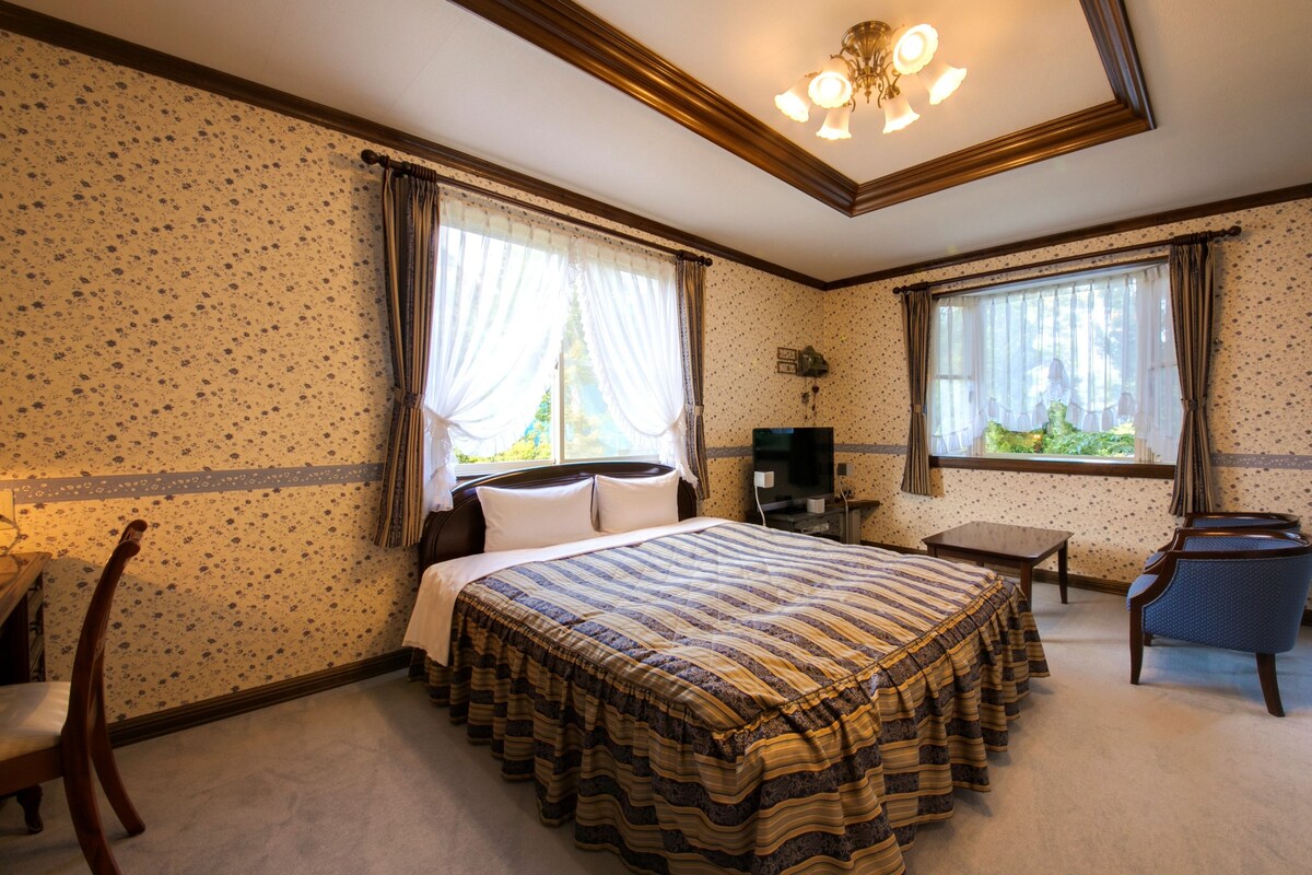 A hotel room with a large bed, a desk, a chair, and a television.