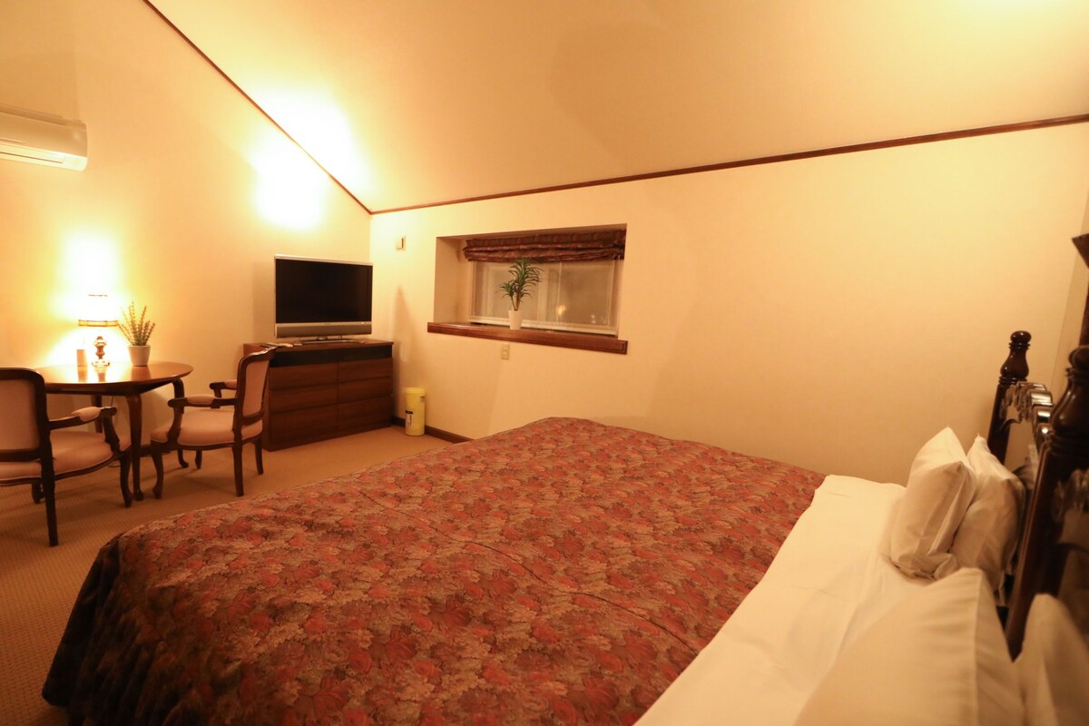 A hotel room with a bed, a desk, a chair, a TV, and a window with a plant.