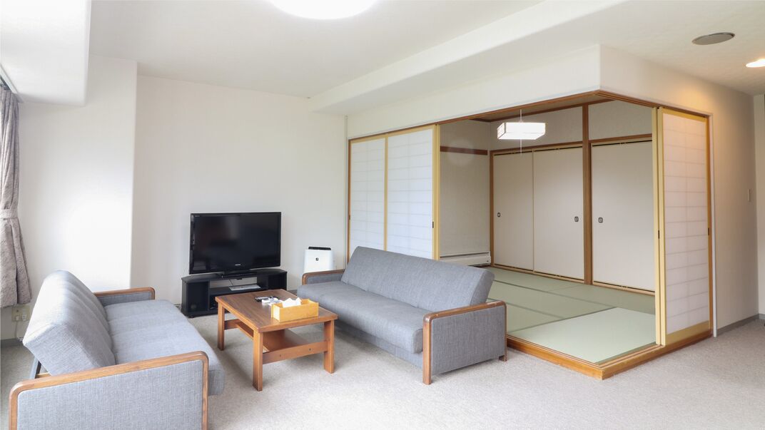 Un salon moderne avec un canapé, une table basse, un téléviseur et un placard à portes coulissantes.